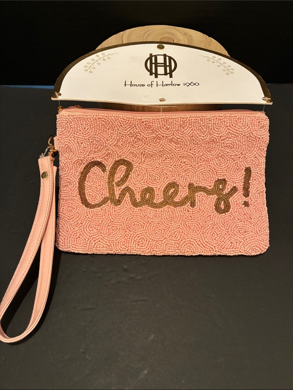 House of Harlow 1960 Pink Beaded 'Cheers!' Wristlet Handmade Large 9x6